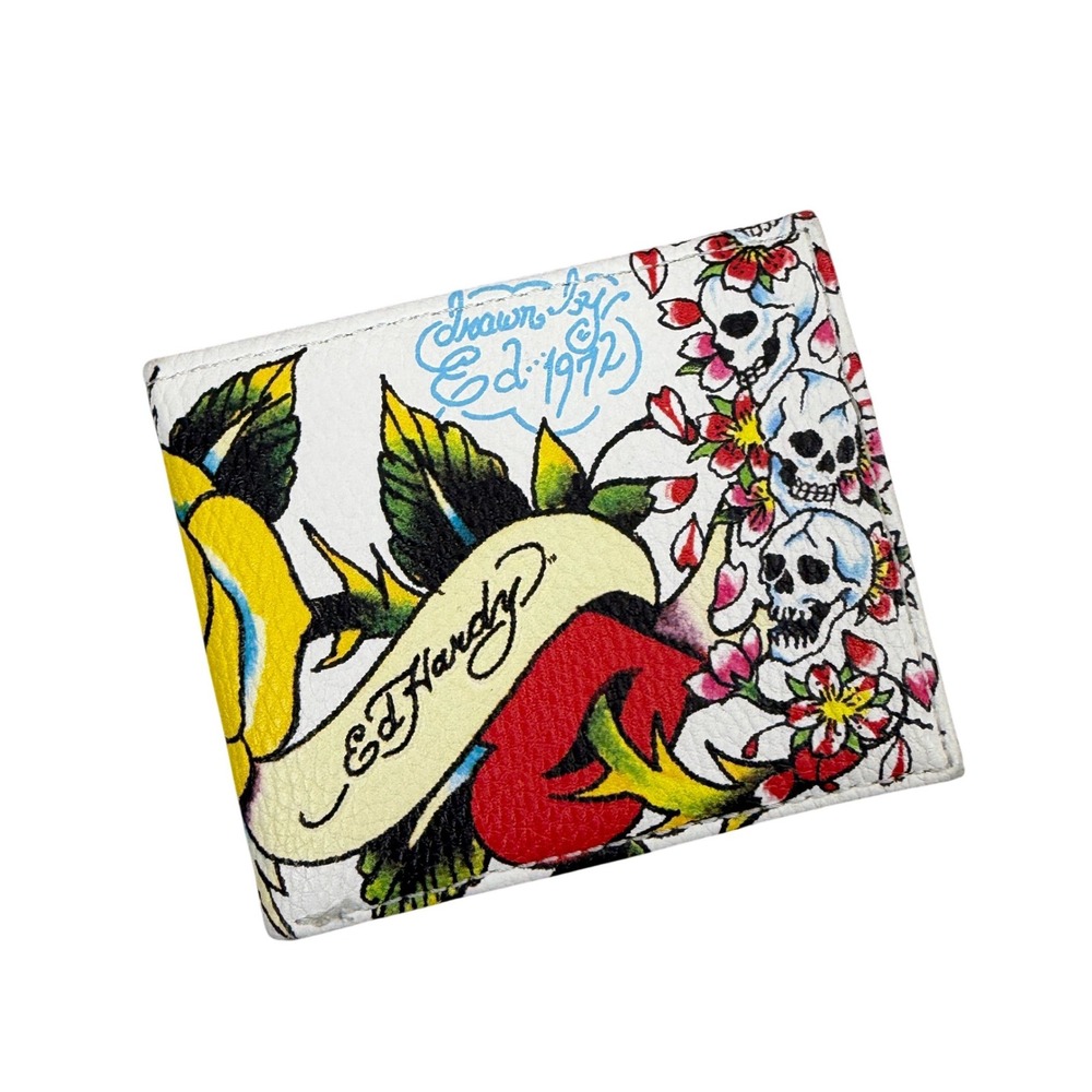 Ed Hardy Wallet Mens OS White Tattoo Graphic Print Bifold GF97628EHQA Skulls